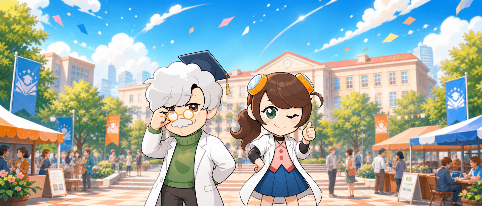 ECセラーラボサロンのキャラクターが立つ、にぎやかな学びの広場