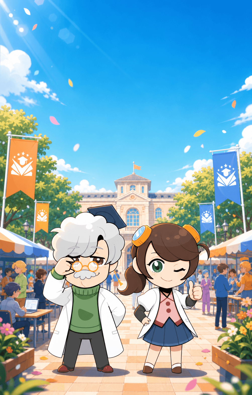 ECセラーラボサロンのキャラクターが立つ、にぎやかな学びの広場